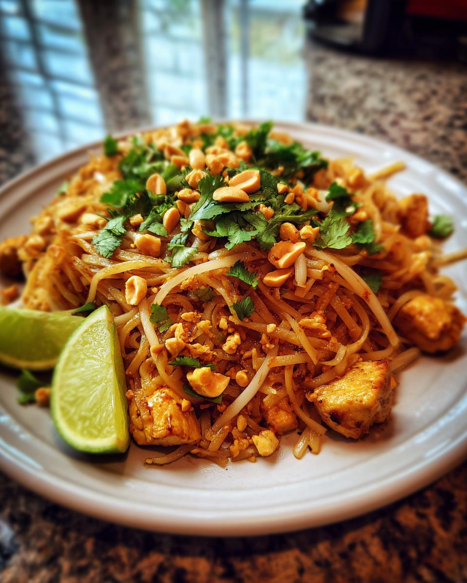 A plate of Chicken Pad Thai noodles topped with chopped peanuts, cilantro, and served with lime wedges.