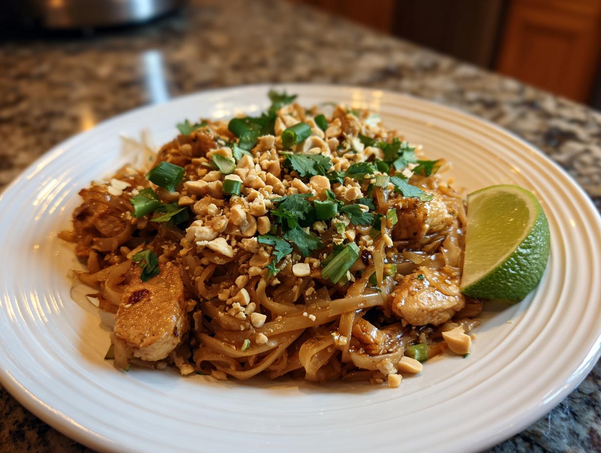A plate of Chicken Pad Thai noodles topped with chopped peanuts, green onions, cilantro, and a lime wedge.