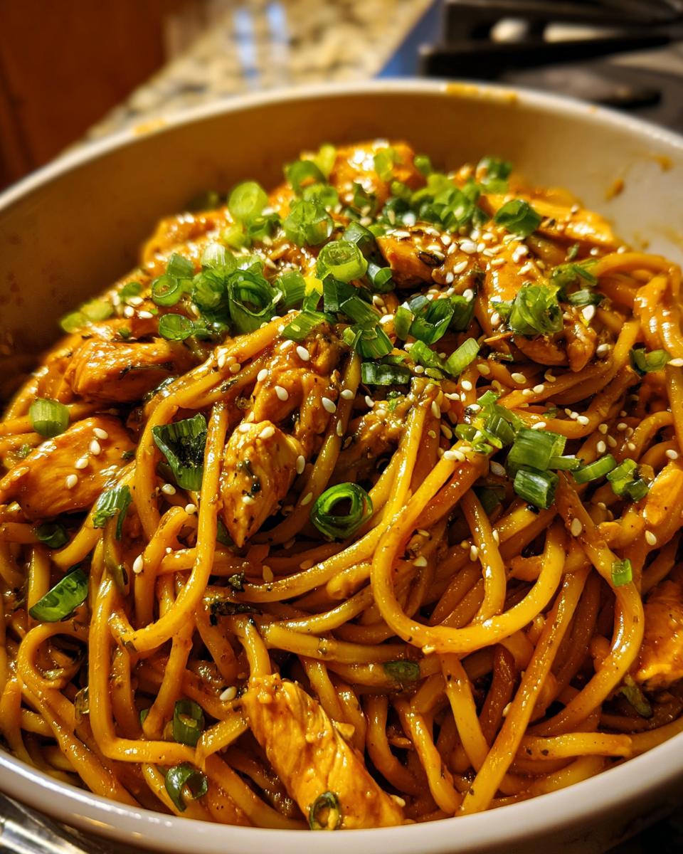 A close-up of a bowl filled with chipotle chicken and noodles, garnished with sesame seeds and chopped green onions.