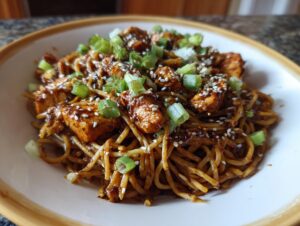 A close-up of a bowl filled with noodles and tender pieces of chipotle chicken, garnished with green onions and sesame seeds.