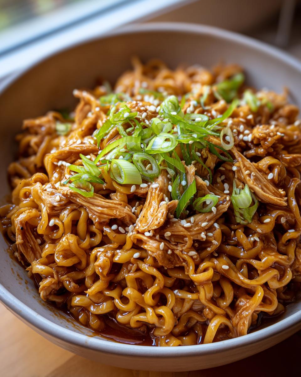 A close-up of a bowl of chipotle chicken noodles, garnished with sesame seeds and green onions.