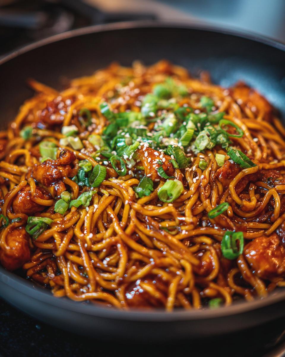 Close-up of delicious chipotle chicken noodles garnished with sesame seeds and green onions in a wok.