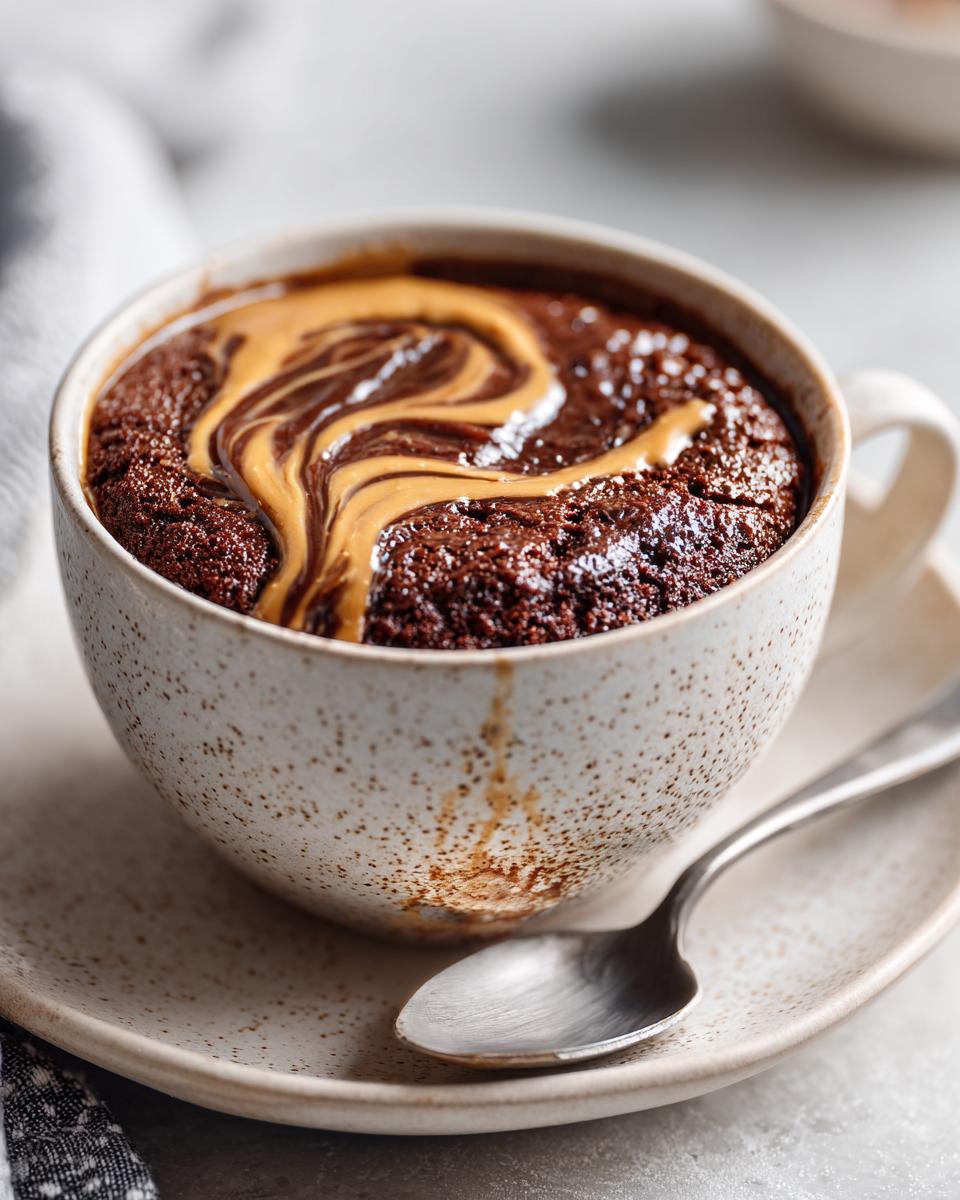 A close-up of a decadent chocolate protein mug cake topped with a swirl of peanut butter, ready to be enjoyed.