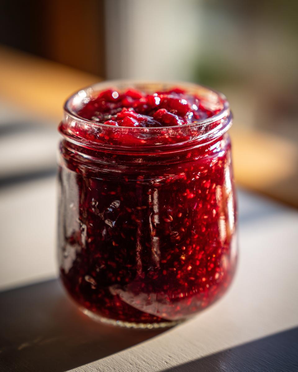 A close-up of a glass jar filled with glistening, homemade Christmas jam.