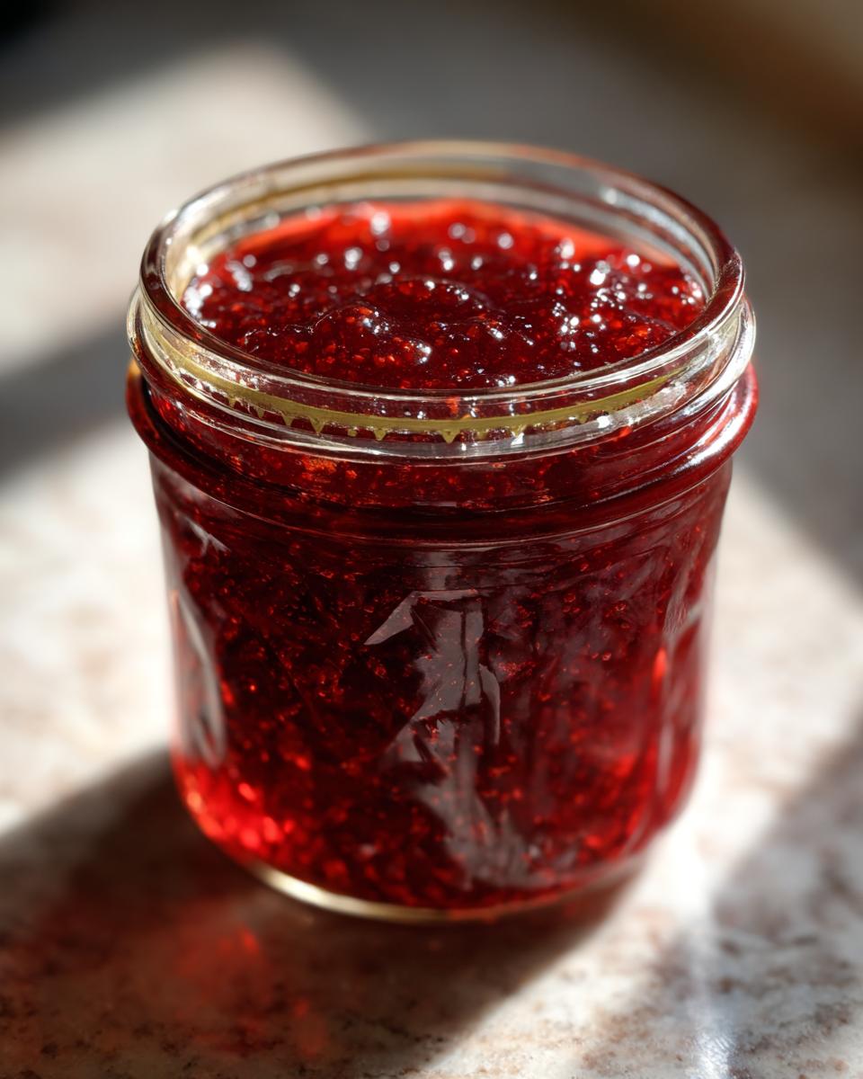 A close-up of a glass jar filled with glistening, deep red Christmas jam.