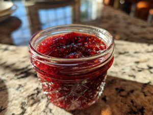 A close-up of a glass jar filled with glistening, ruby-red Christmas jam.