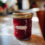 A close-up of a jar filled with vibrant red Christmas jam, featuring a festive label.