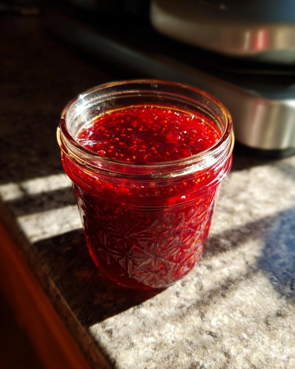 A close-up of a glass jar filled with vibrant red Christmas jam, showcasing the fruit pieces and seeds.