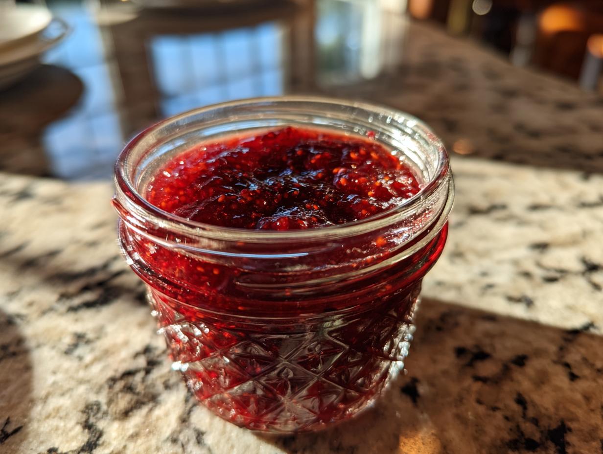 A close-up of a glass jar filled with glistening, ruby-red Christmas jam.