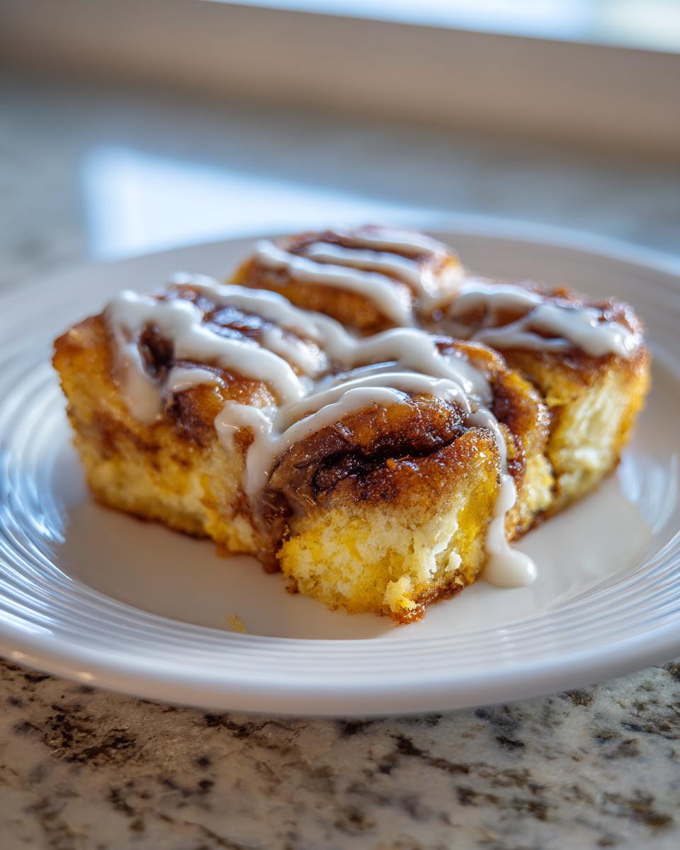 A close-up of a serving of cinnamon roll casserole drizzled with white glaze on a white plate.