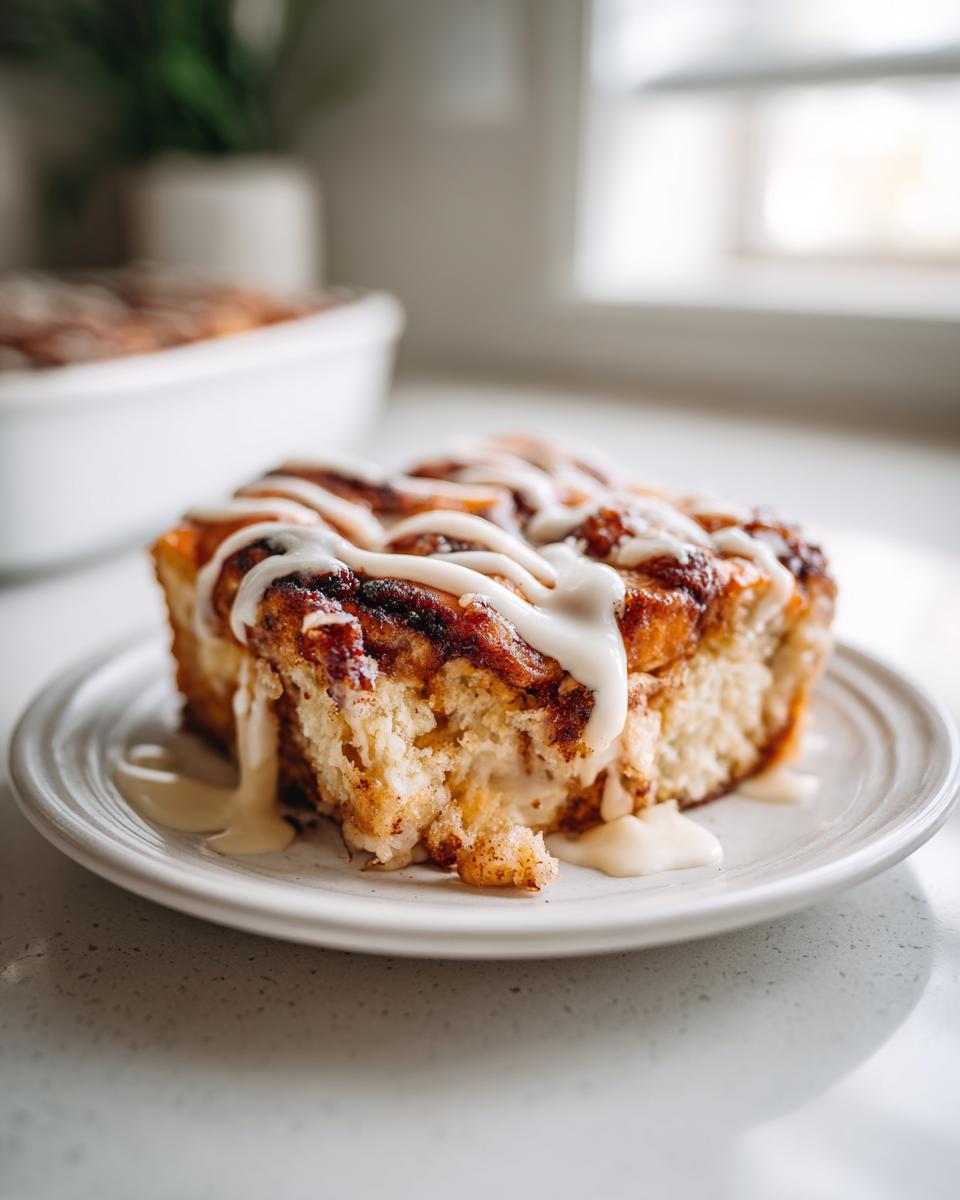 A close-up of a fluffy slice of cinnamon roll casserole, drizzled with white icing.