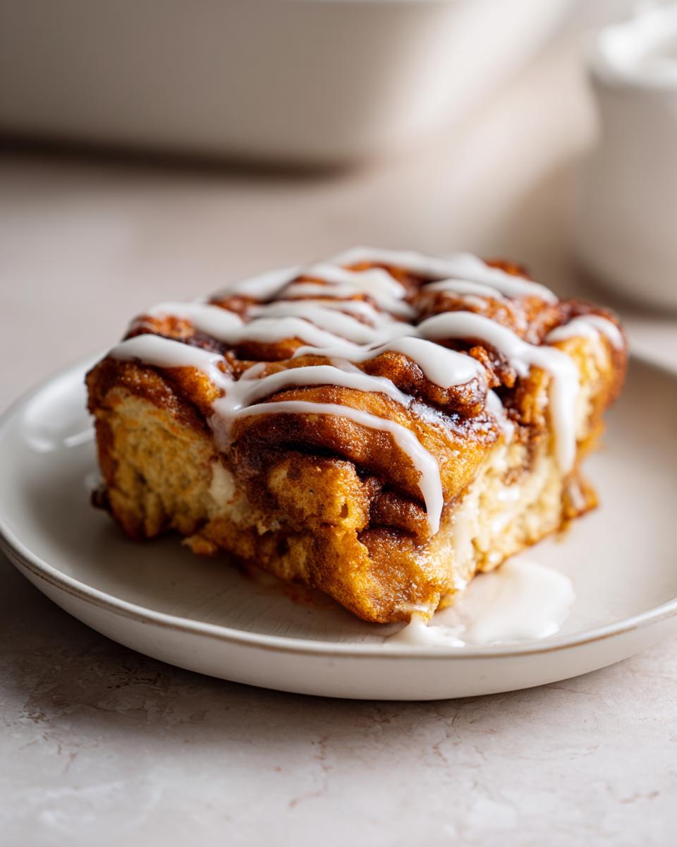 A close-up of a slice of cinnamon roll casserole, drizzled with white icing.