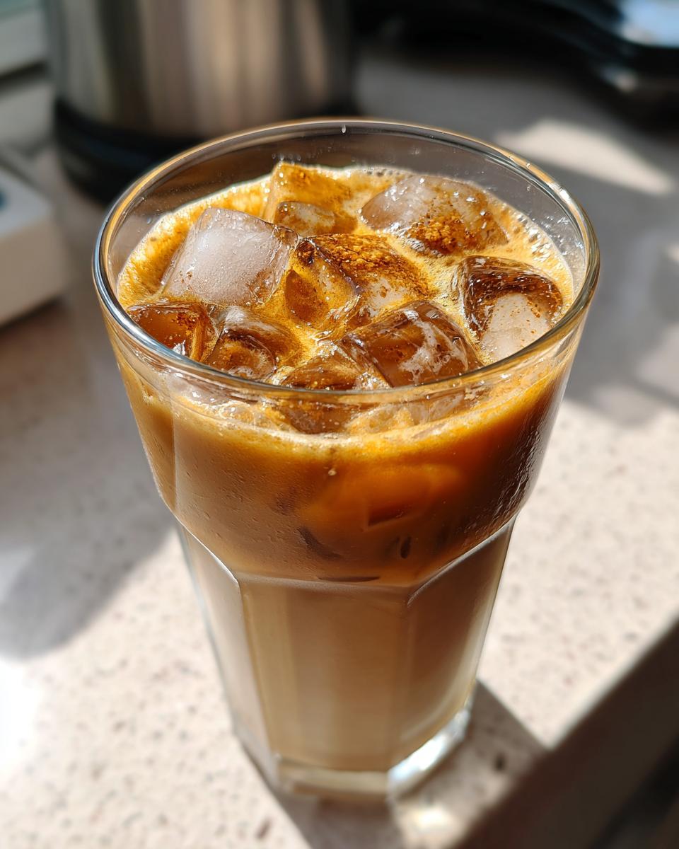 A refreshing iced coffee with cinnamon sugar cream cheese rolls flavor, topped with ice and a sprinkle of cinnamon.