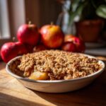 A close-up of a golden brown classic apple crisp in a white baking dish, with baked apples visible beneath the crumb topping.