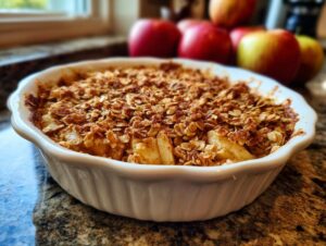 A freshly baked classic apple crisp in a white baking dish, topped with oats and cinnamon.