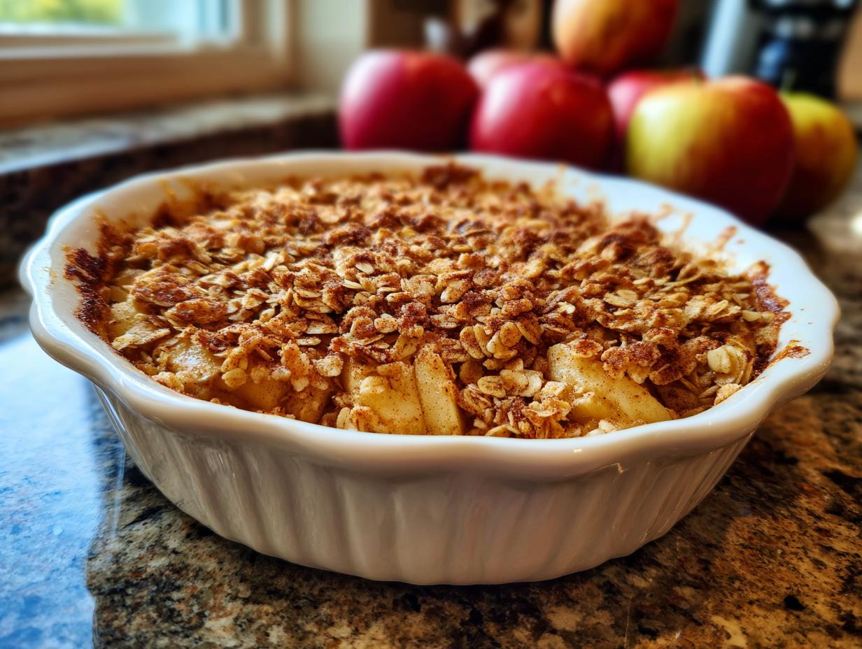 A freshly baked classic apple crisp in a white baking dish, topped with oats and cinnamon.