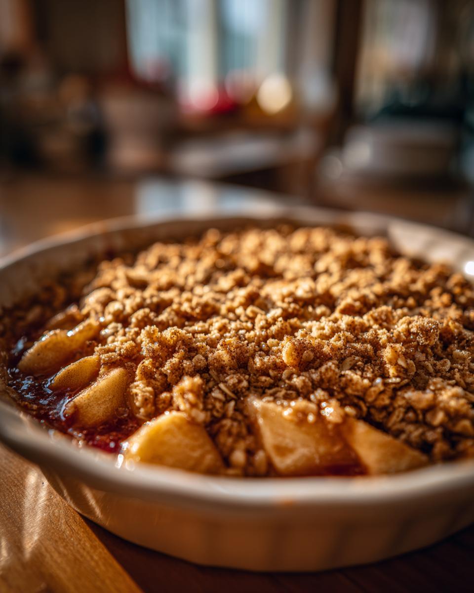 Close-up of a freshly baked classic apple crisp in a white baking dish, showing tender apple slices under a crunchy oat topping.
