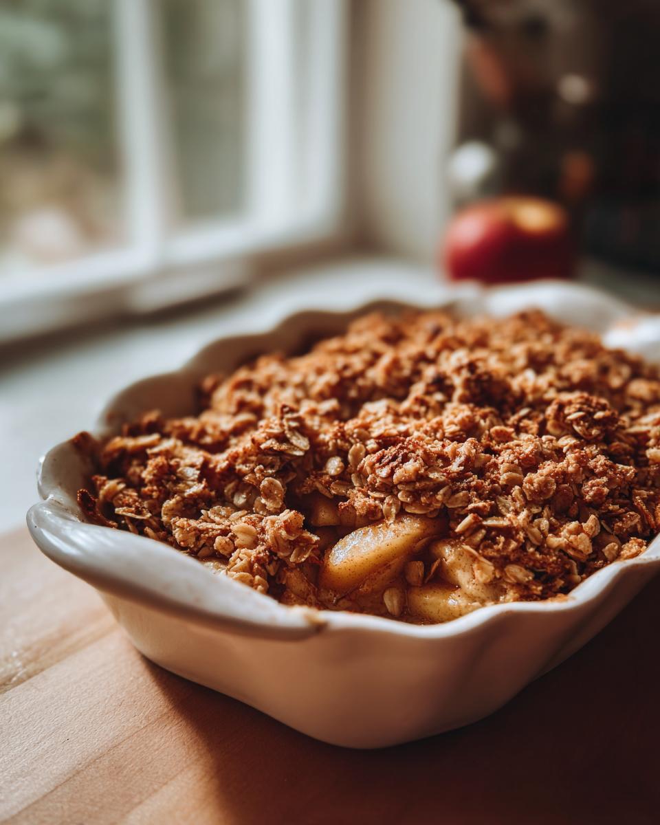 A close-up of a freshly baked classic apple crisp in a white ceramic dish, showing tender apple slices and a crunchy oat topping.