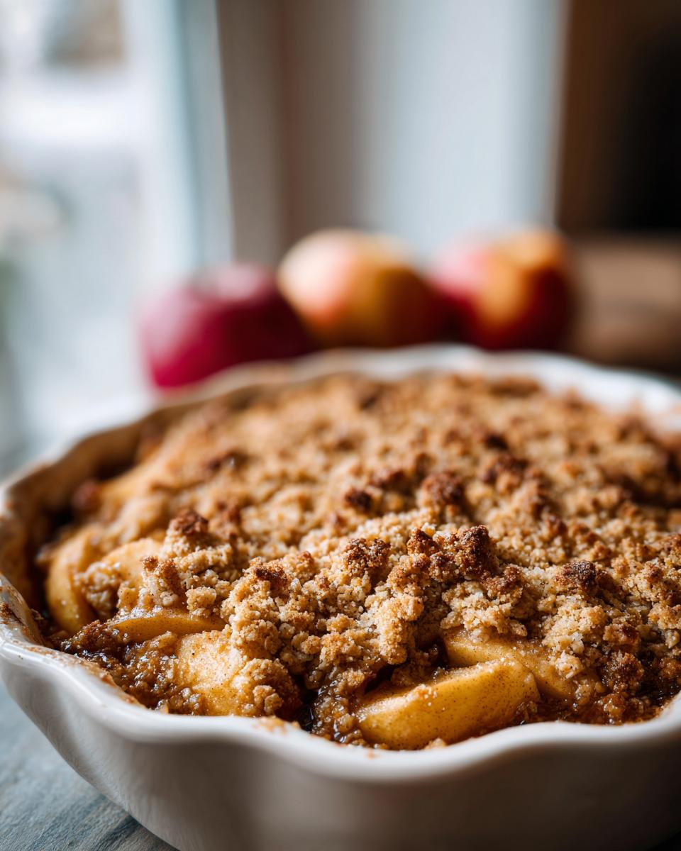 A close-up of a freshly baked classic apple crisp in a white baking dish, with a golden brown crumble topping.