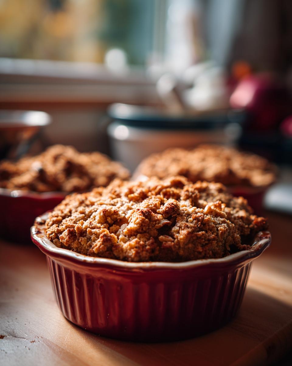 Close-up of a classic apple crisp in a red ramekin, showing the golden brown crumble topping.