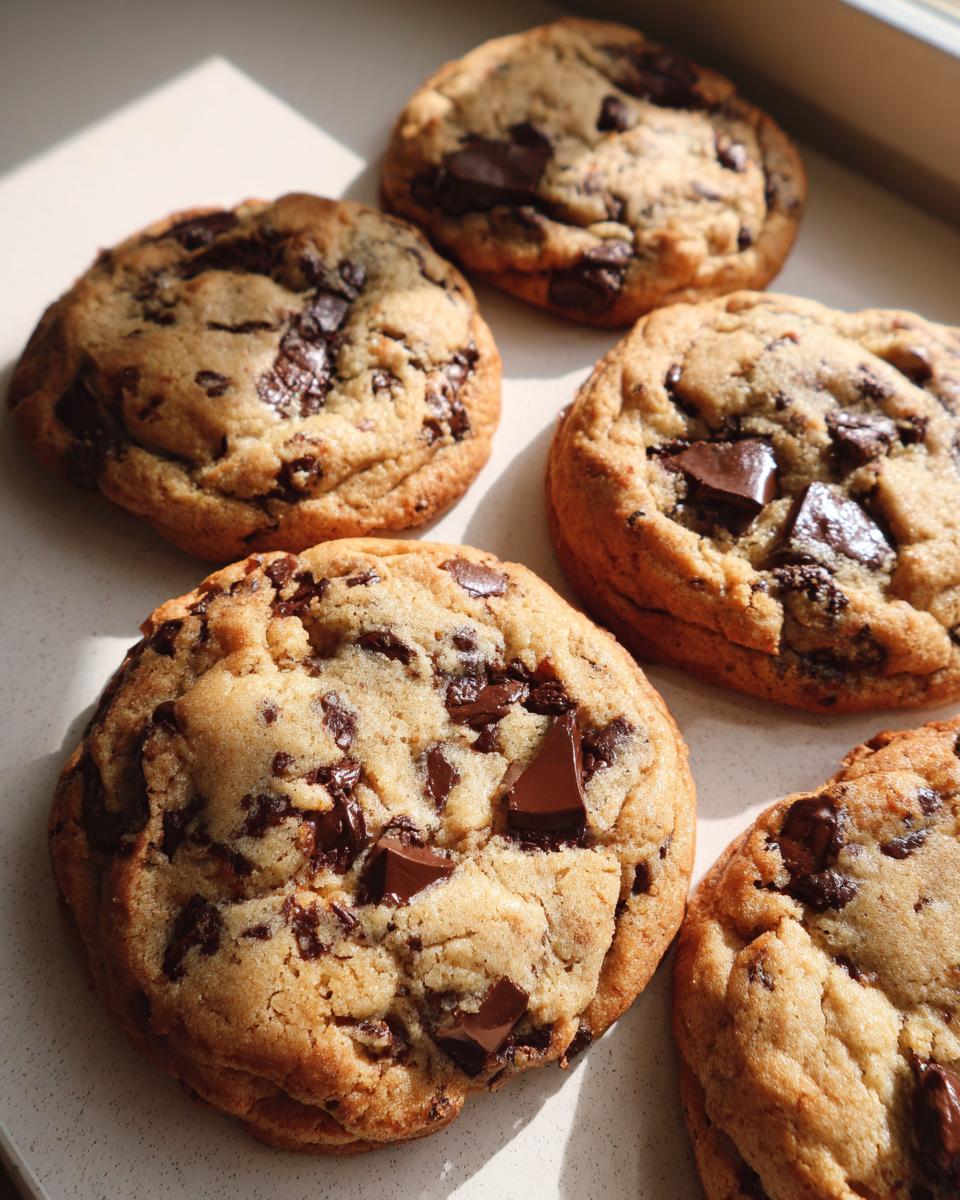A close-up of five freshly baked classic chocolate chip cookies, generously studded with dark chocolate chunks.
