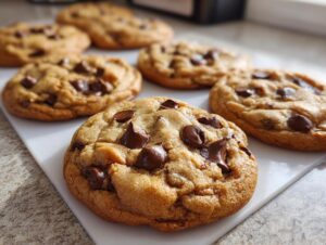 Close-up of several freshly baked classic chocolate chip cookies, loaded with chocolate chips.