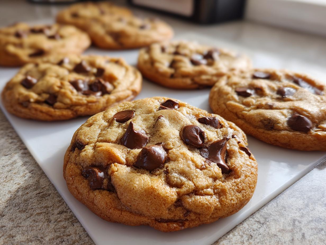 Close-up of several freshly baked classic chocolate chip cookies, loaded with chocolate chips.