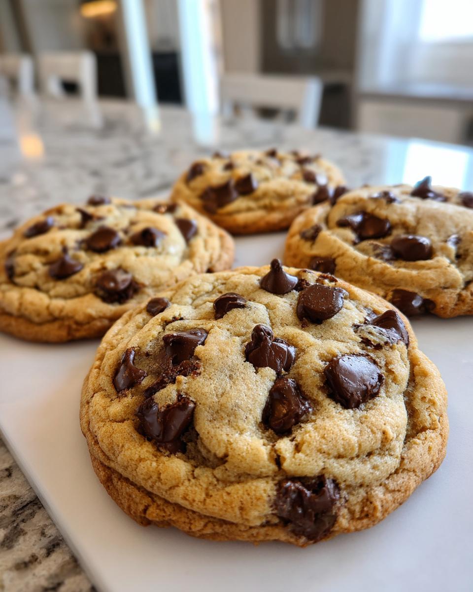 A close-up view of several freshly baked classic chocolate chip cookies, generously studded with dark chocolate chips.