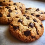 Close-up of perfectly baked classic chocolate chip cookies with generous chunks of dark chocolate.