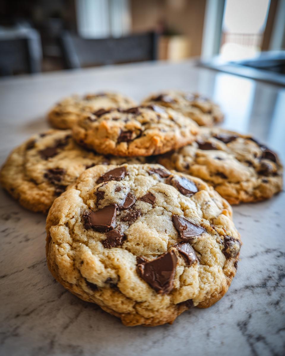 Close-up of several freshly baked classic chocolate chip cookies with generous chunks of chocolate.