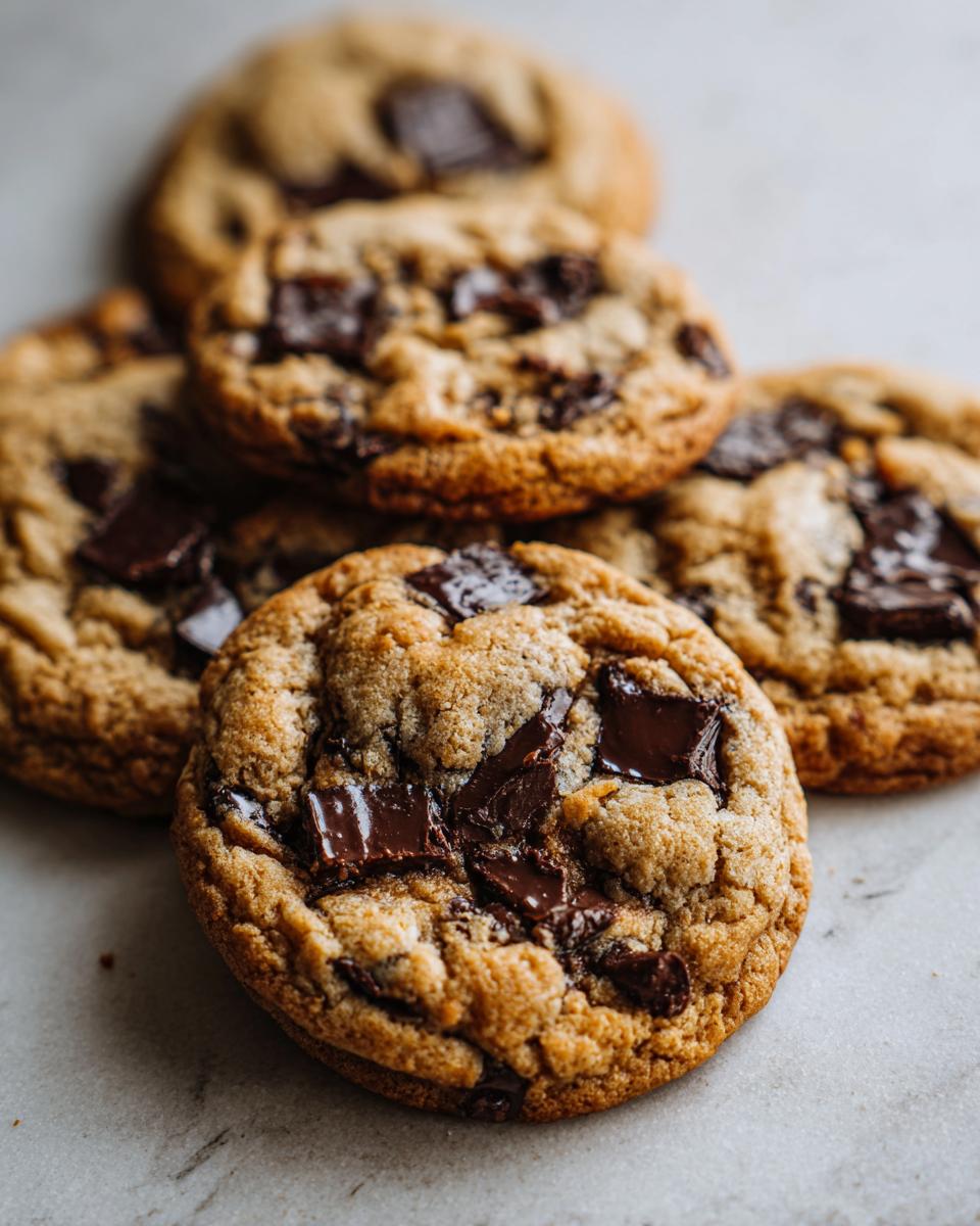 A close-up of several classic chocolate chip cookies, with generous chunks of melted dark chocolate visible.