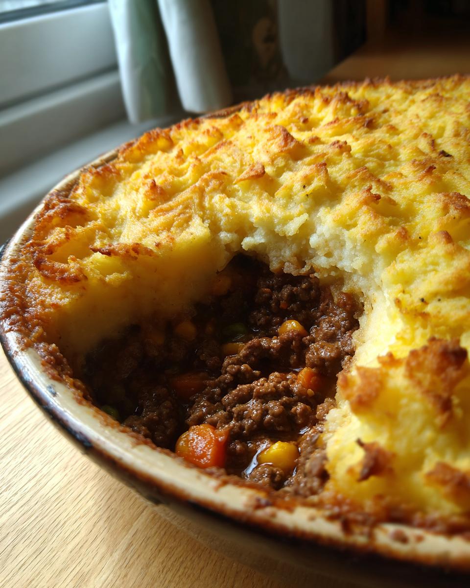 A close-up of a freshly baked Classic Shepherd's Pie, showing a scoop removed to reveal the savory meat and vegetable filling beneath a golden mashed potato crust.