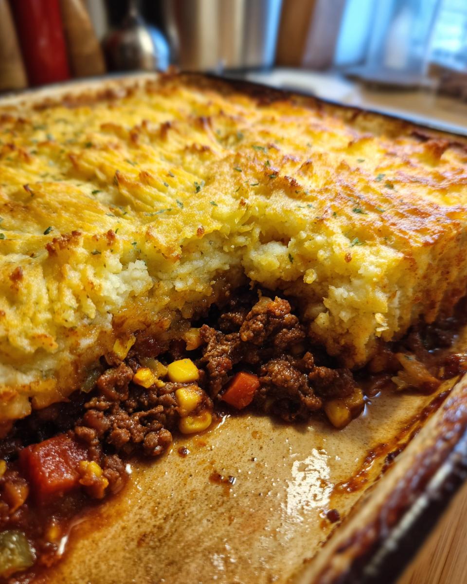 A close-up of a slice of classic shepherd's pie, revealing a rich meat and vegetable filling topped with golden, fluffy mashed potatoes.