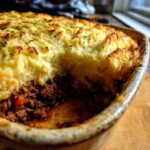 A close-up of a freshly baked Classic Shepherd's Pie, showing the savory meat filling and fluffy mashed potato topping.