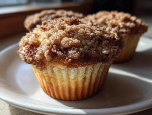 Close-up of a tall coffee cake muffin with a generous cinnamon streusel topping on a white plate.