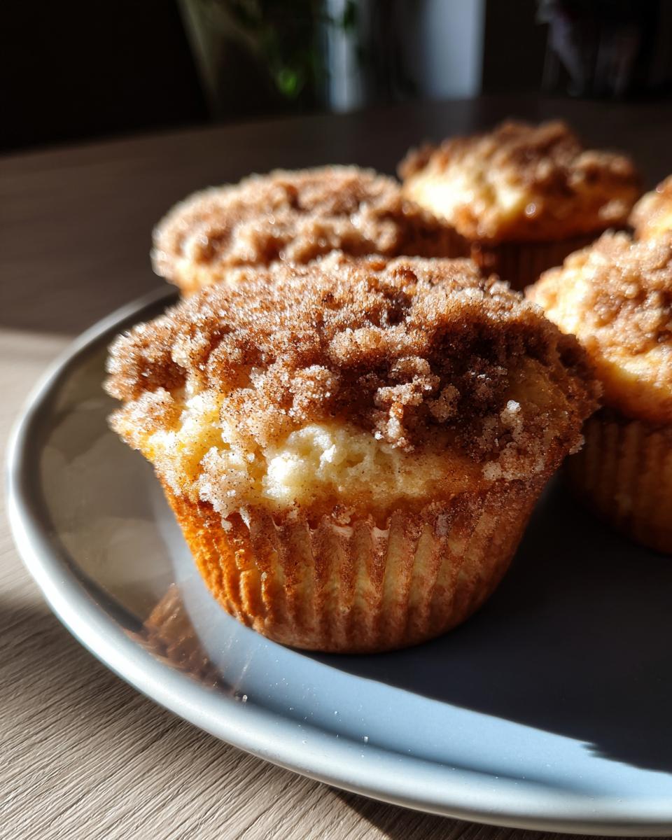 Close-up of a plate of tall coffee cake muffins topped with a generous amount of cinnamon streusel.