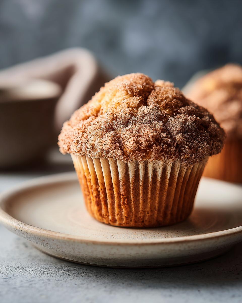 A close-up of a tall dome coffee cake muffin topped with cinnamon streusel, sitting on a plate.
