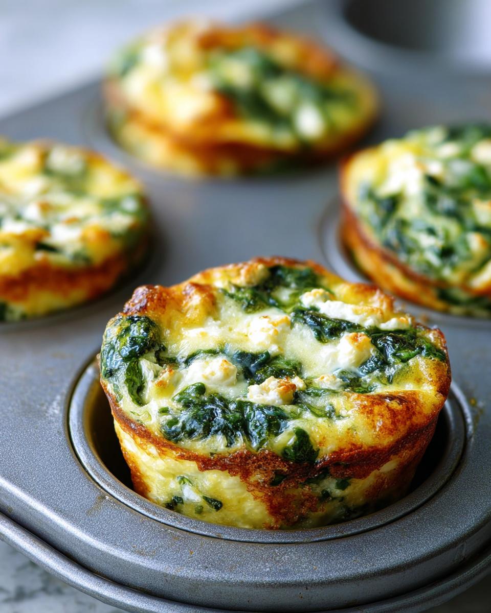 Close-up of freshly baked Cottage Cheese Egg Cups With Spinach & Feta in a muffin tin.