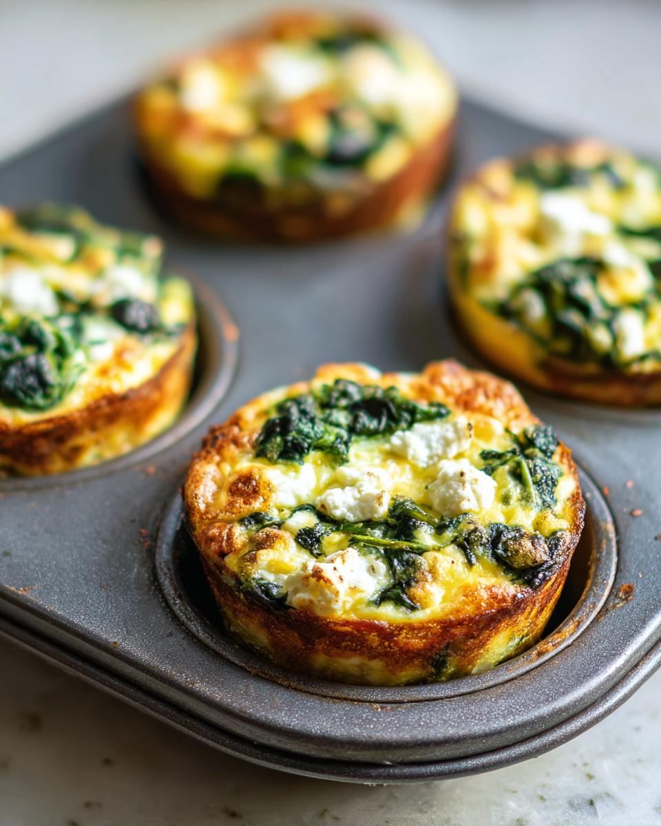 Close-up of freshly baked Cottage Cheese Egg Cups With Spinach & Feta in a muffin tin.