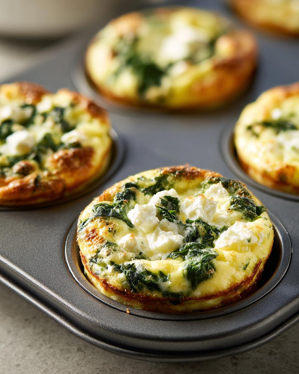 Close-up of baked Cottage Cheese Egg Cups With Spinach & Feta in a muffin tin.