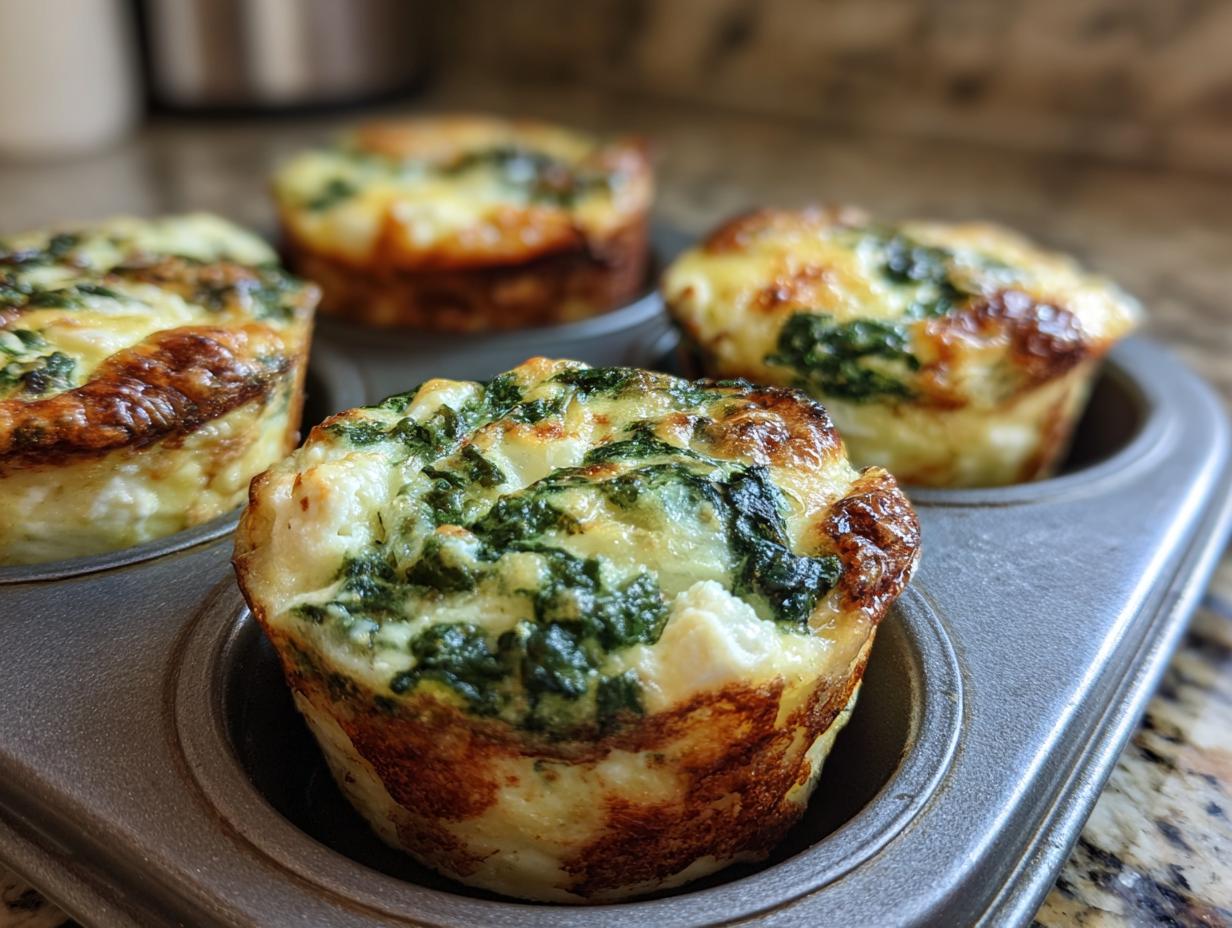 Close-up of golden-brown Cottage Cheese Egg Cups With Spinach & Feta in a muffin tin.