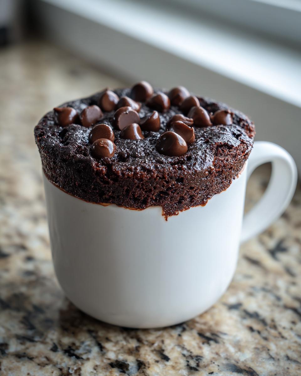 A rich chocolate brownie baked in a white mug, topped with melted chocolate chips. This is a Cottage Cheese Microwave Brownie.