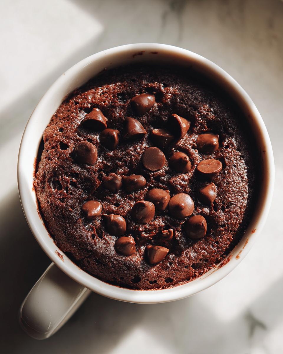 A warm Cottage Cheese Microwave Brownie topped with melted chocolate chips in a white mug.