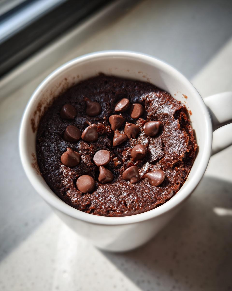 A close-up of a warm Cottage Cheese Microwave Brownie topped with melted chocolate chips in a white mug.