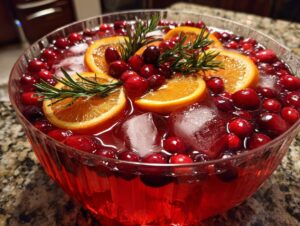 A festive bowl of Cranberry Orange Punch filled with fresh cranberries, orange slices, ice, and rosemary sprigs.