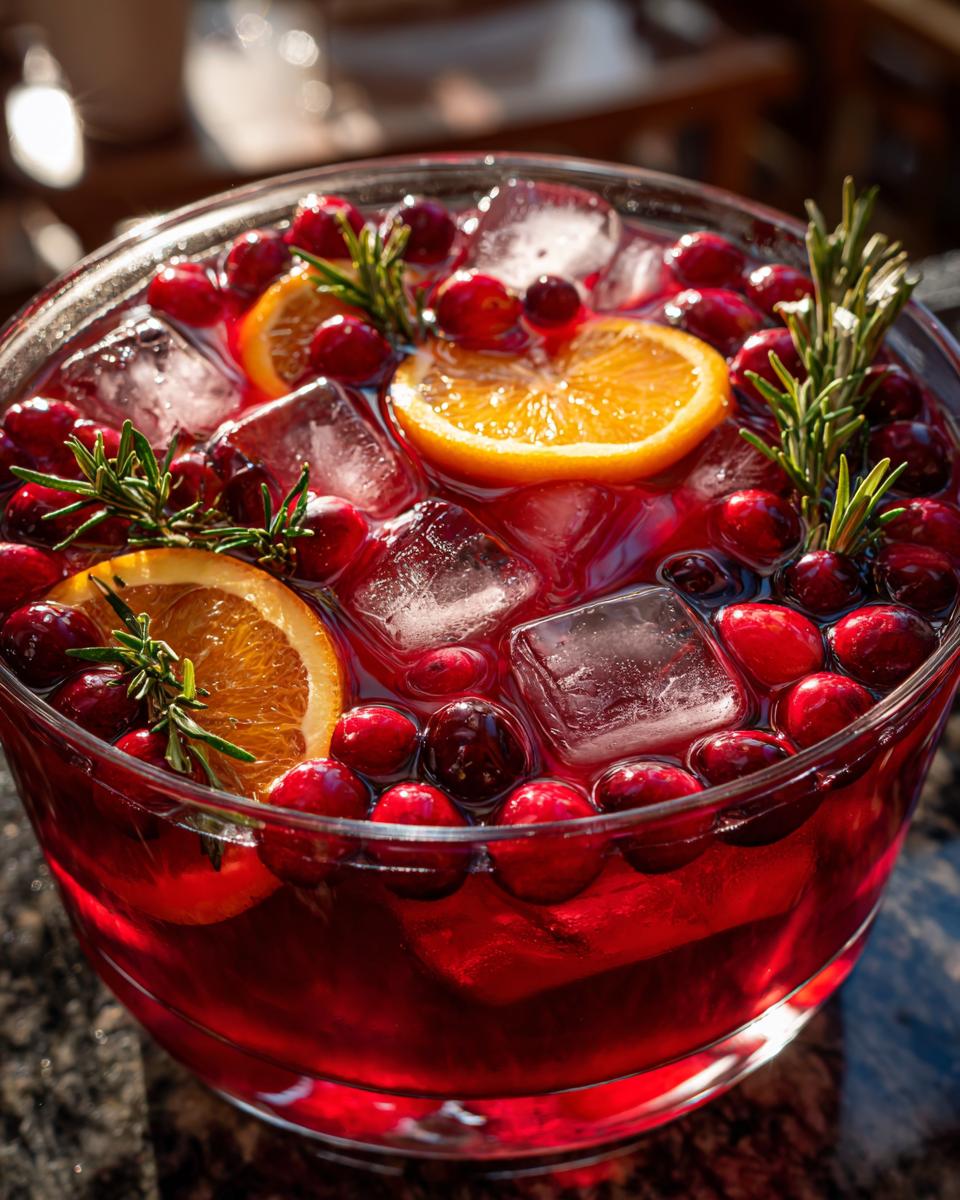 A close-up of a festive Cranberry Orange Punch in a glass bowl, filled with ice, fresh cranberries, orange slices, and rosemary sprigs.