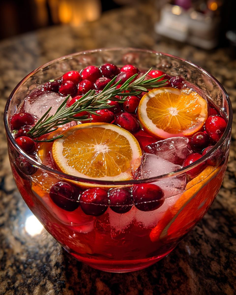 A festive bowl of Cranberry Orange Punch filled with ice, fresh cranberries, orange slices, and rosemary sprigs.