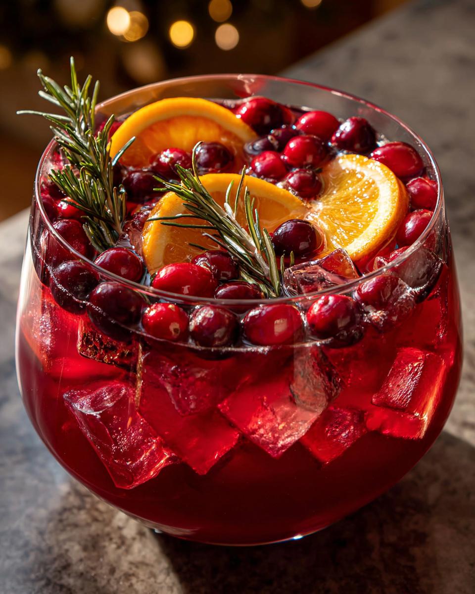 A close-up of a large glass bowl filled with vibrant Cranberry Orange Punch, garnished with fresh cranberries, orange slices, and rosemary sprigs.