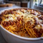Close-up of a creamy baked spaghetti casserole in a white dish, topped with melted cheese and meat sauce.