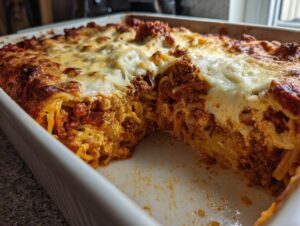 A close-up of a creamy baked spaghetti casserole with a rich meat sauce and melted cheese topping.